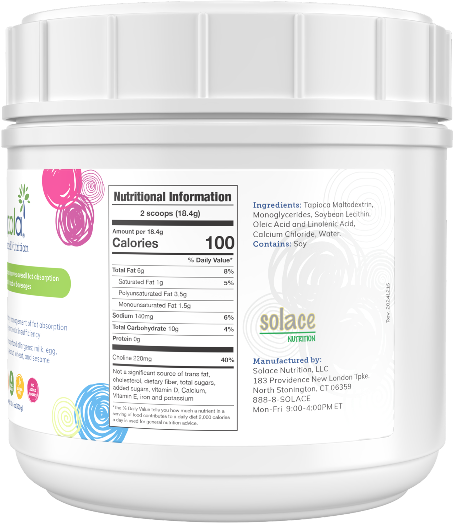 Side view of an Encala jar showing the nutrition information and ingredients label.